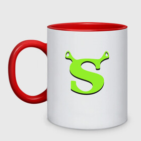 Кружка двухцветная с принтом Shrek Logo (+спина) (Z) в городе Новоалтайск, керамика | объем — 330 мл, диаметр — 80 мм. Цветная ручка и кайма сверху, в некоторых цветах — вся внутренняя часть | Тематика изображения на принте: dreamworks | shrek | зелёный огр | мульт | мультфильм | приключения