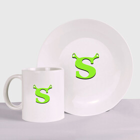 Набор: тарелка + кружка с принтом Shrek Logo (+спина) (Z) в городе Новоалтайск, керамика | Кружка: объем — 330 мл, диаметр — 80 мм. Принт наносится на бока кружки, можно сделать два разных изображения. 
Тарелка: диаметр - 210 мм, диаметр для нанесения принта - 120 мм. | dreamworks | shrek | зелёный огр | мульт | мультфильм | приключения