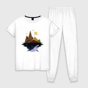 Женская пижама хлопок с принтом Abstract Geometry Shark Island в городе Новоалтайск, 100% хлопок | брюки и футболка прямого кроя, без карманов, на брюках мягкая резинка на поясе и по низу штанин | art | fish | geometric print | minimal | minimalism | minimalist | mountains | абстрактный принт | абстрактный рисунок | абстракция | акула | акулий остров | акулы | арт | геометрический принт | геометрический рисунок | горы