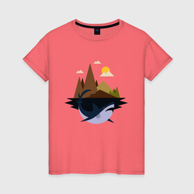 Женская футболка хлопок с принтом Abstract Geometry Shark Island в городе Новоалтайск, 100% хлопок | прямой крой, круглый вырез горловины, длина до линии бедер, слегка спущенное плечо | art | fish | geometric print | minimal | minimalism | minimalist | mountains | абстрактный принт | абстрактный рисунок | абстракция | акула | акулий остров | акулы | арт | геометрический принт | геометрический рисунок | горы