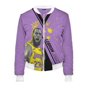 Женский бомбер 3D с принтом леброн джеймс в городе Новоалтайск, 100% полиэстер | застегивается на молнию, по бокам два кармана без застежек, мягкие манжеты, по низу бомбера и на воротнике — эластичная резинка | basketball | lakers | lebron | media | nba | toplanding | баскетболл | леброн | лейкерс | лого баскетбольных клубов | лос анджелес | нба