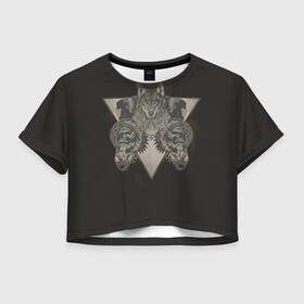 Женская футболка Crop-top 3D с принтом Волк, черепа и индейцы в городе Новоалтайск, 100% полиэстер | круглая горловина, длина футболки до линии талии, рукава с отворотами | волк | дикий запад | индеец | индейцы | череп | черепа