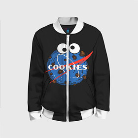 Детский бомбер 3D с принтом Cookies в городе Новоалтайск, 100% полиэстер | застегивается на молнию, по бокам два кармана без застежек, мягкие манжеты, по низу бомбера и на воротнике — эластичная резинка | cookies | nasa | астронавт | астрономия | глазки | земля | космос | наса | печенье | печеньки | планета | смайл | спутник