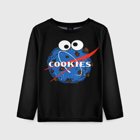 Детский лонгслив 3D с принтом Cookies в городе Новоалтайск, 100% полиэстер | длинные рукава, круглый вырез горловины, полуприлегающий силуэт
 | cookies | nasa | астронавт | астрономия | глазки | земля | космос | наса | печенье | печеньки | планета | смайл | спутник