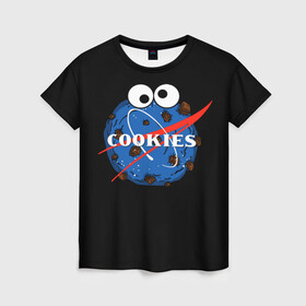 Женская футболка 3D с принтом Cookies в городе Новоалтайск, 100% полиэфир ( синтетическое хлопкоподобное полотно) | прямой крой, круглый вырез горловины, длина до линии бедер | cookies | nasa | астронавт | астрономия | глазки | земля | космос | наса | печенье | печеньки | планета | смайл | спутник