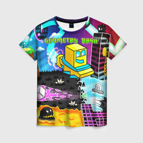 Женская футболка 3D с принтом Geometry Dash в городе Новоалтайск, 100% полиэфир ( синтетическое хлопкоподобное полотно) | прямой крой, круглый вырез горловины, длина до линии бедер | 2dgame | dash | geometry | geometrydash | геометридаш