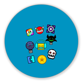 Коврик для мышки круглый с принтом Geometry Dash Icons в городе Новоалтайск, резина и полиэстер | круглая форма, изображение наносится на всю лицевую часть | 2d | dash | demon | demons | devil | game | games | geometry | pixel | pixels | skull | smile | геометрия | демон | дьявол | игра | пикслели | платформер | смайл | смайлик | улыбка | череп