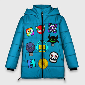 Женская зимняя куртка Oversize с принтом Geometry Dash Icons в городе Новоалтайск, верх — 100% полиэстер; подкладка — 100% полиэстер; утеплитель — 100% полиэстер | длина ниже бедра, силуэт Оверсайз. Есть воротник-стойка, отстегивающийся капюшон и ветрозащитная планка. 

Боковые карманы с листочкой на кнопках и внутренний карман на молнии | 2d | dash | demon | demons | devil | game | games | geometry | pixel | pixels | skull | smile | геометрия | демон | дьявол | игра | пикслели | платформер | смайл | смайлик | улыбка | череп