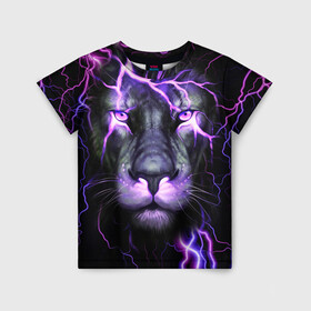 Детская футболка 3D с принтом НЕОНОВЫЙ ЛЕВ  NEON LION в городе Новоалтайск, 100% гипоаллергенный полиэфир | прямой крой, круглый вырез горловины, длина до линии бедер, чуть спущенное плечо, ткань немного тянется | lion | neon | голова | гроза | дикая кошка | животные | кот | кошка | лев | молния | неон | тигр | хищник