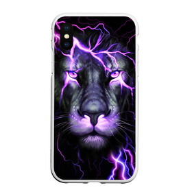 Чехол для iPhone XS Max матовый с принтом НЕОНОВЫЙ ЛЕВ  NEON LION в городе Новоалтайск, Силикон | Область печати: задняя сторона чехла, без боковых панелей | Тематика изображения на принте: lion | neon | голова | гроза | дикая кошка | животные | кот | кошка | лев | молния | неон | тигр | хищник