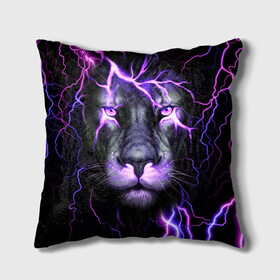 Подушка 3D с принтом НЕОНОВЫЙ ЛЕВ  NEON LION в городе Новоалтайск, наволочка – 100% полиэстер, наполнитель – холлофайбер (легкий наполнитель, не вызывает аллергию). | состоит из подушки и наволочки. Наволочка на молнии, легко снимается для стирки | lion | neon | голова | гроза | дикая кошка | животные | кот | кошка | лев | молния | неон | тигр | хищник