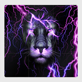 Магнитный плакат 3Х3 с принтом НЕОНОВЫЙ ЛЕВ  NEON LION в городе Новоалтайск, Полимерный материал с магнитным слоем | 9 деталей размером 9*9 см | lion | neon | голова | гроза | дикая кошка | животные | кот | кошка | лев | молния | неон | тигр | хищник