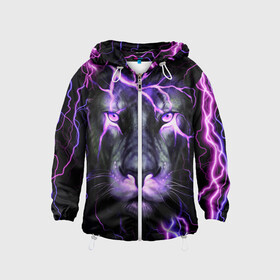 Детская ветровка 3D с принтом НЕОНОВЫЙ ЛЕВ  NEON LION в городе Новоалтайск, 100% полиэстер | подол и капюшон оформлены резинкой с фиксаторами, по бокам два кармана без застежек, один потайной карман на груди | lion | neon | голова | гроза | дикая кошка | животные | кот | кошка | лев | молния | неон | тигр | хищник