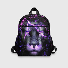 Детский рюкзак 3D с принтом НЕОНОВЫЙ ЛЕВ  NEON LION в городе Новоалтайск, 100% полиэстер | лямки с регулируемой длиной, сверху петелька, чтобы рюкзак можно было повесить на вешалку. Основное отделение закрывается на молнию, как и внешний карман. Внутри дополнительный карман. По бокам два дополнительных кармашка | lion | neon | голова | гроза | дикая кошка | животные | кот | кошка | лев | молния | неон | тигр | хищник
