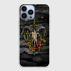 Чехол для iPhone 13 Pro Max с принтом Череп барана в цветах в городе Новоалтайск,  |  | Тематика изображения на принте: баран | меч | страшно | ужасы | хоррор | цветы | череп