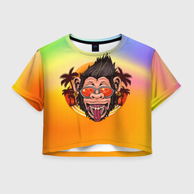 Женская футболка Crop-top 3D с принтом Веселая обезьяна в очках в городе Новоалтайск, 100% полиэстер | круглая горловина, длина футболки до линии талии, рукава с отворотами | закат | лето | обезьяна | очки | пальмы | побережье