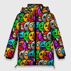Женская зимняя куртка Oversize с принтом GEOMETRY DASH ГЕОМЕТРИ ДАШ в городе Новоалтайск, верх — 100% полиэстер; подкладка — 100% полиэстер; утеплитель — 100% полиэстер | длина ниже бедра, силуэт Оверсайз. Есть воротник-стойка, отстегивающийся капюшон и ветрозащитная планка. 

Боковые карманы с листочкой на кнопках и внутренний карман на молнии | 2d игра | geometry dash | mobile game | robtop | smile | геометри даш | кубики | кубы | лица. | мобильная игра | неон | смайлы