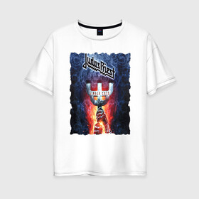 Женская футболка хлопок Oversize с принтом JUDAS PRIEST РОК ГРУППА в городе Новоалтайск, 100% хлопок | свободный крой, круглый ворот, спущенный рукав, длина до линии бедер
 | judas priest | гленн типтон | йен хилл | роб хэлфорд | скотт трэвис | хард рок | хеви метал