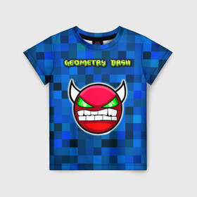 Детская футболка 3D с принтом Geometry Dash в городе Новоалтайск, 100% гипоаллергенный полиэфир | прямой крой, круглый вырез горловины, длина до линии бедер, чуть спущенное плечо, ткань немного тянется | devil | geometry dash | pixel | геометри дэш | геометрический рывок | геометрия даш | демон | игры | логотипы игр | пиксель | смайл | эмоции