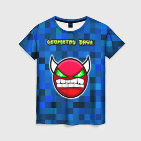 Женская футболка 3D с принтом Geometry Dash в городе Новоалтайск, 100% полиэфир ( синтетическое хлопкоподобное полотно) | прямой крой, круглый вырез горловины, длина до линии бедер | devil | geometry dash | pixel | геометри дэш | геометрический рывок | геометрия даш | демон | игры | логотипы игр | пиксель | смайл | эмоции