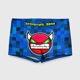 Детские купальные плавки 3D с принтом Geometry Dash в городе Новоалтайск, Полиэстер 85%, Спандекс 15% | Слитный крой, подклад по переду изделия, узкие бретели | devil | geometry dash | pixel | геометри дэш | геометрический рывок | геометрия даш | демон | игры | логотипы игр | пиксель | смайл | эмоции