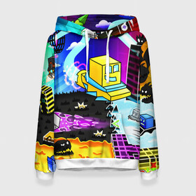 Женская толстовка 3D с принтом GEOMETRY DASH / ГЕОМЕТРИ ДАШ в городе Новоалтайск, 100% полиэстер  | двухслойный капюшон со шнурком для регулировки, мягкие манжеты на рукавах и по низу толстовки, спереди карман-кенгуру с мягким внутренним слоем. | 2d игра | geometry dash | mobile game | robtop | smile | андроид игра | арт. | геометри даш | добро и зло | инь янь | кубики | кубы | лица | мобильная игра | неон | смайлы