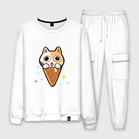 Мужской костюм хлопок с принтом Ice Cream Cat в городе Новоалтайск, 100% хлопок | на свитшоте круглая горловина, мягкая резинка по низу. Брюки заужены к низу, на них два вида карманов: два “обычных” по бокам и два объемных, с клапанами, расположенные ниже линии бедра. Брюки с мягкой трикотажной резинкой на поясе и по низу штанин. В поясе для дополнительного комфорта — широкие завязки | animal | cat | cute | kitty | meow | друг | животные | киска | китти | кот | котенок | котик | котэ | кошечка | кошка | милый | мороженое | мур | мяу | питомец | тигр