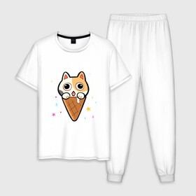 Мужская пижама хлопок с принтом Ice Cream Cat в городе Новоалтайск, 100% хлопок | брюки и футболка прямого кроя, без карманов, на брюках мягкая резинка на поясе и по низу штанин
 | animal | cat | cute | kitty | meow | друг | животные | киска | китти | кот | котенок | котик | котэ | кошечка | кошка | милый | мороженое | мур | мяу | питомец | тигр