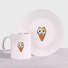 Набор: тарелка + кружка с принтом Ice Cream Cat в городе Новоалтайск, керамика | Кружка: объем — 330 мл, диаметр — 80 мм. Принт наносится на бока кружки, можно сделать два разных изображения. 
Тарелка: диаметр - 210 мм, диаметр для нанесения принта - 120 мм. | Тематика изображения на принте: animal | cat | cute | kitty | meow | друг | животные | киска | китти | кот | котенок | котик | котэ | кошечка | кошка | милый | мороженое | мур | мяу | питомец | тигр