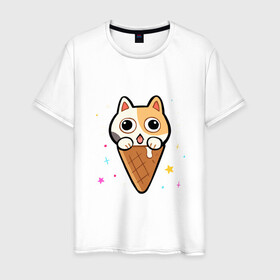 Мужская футболка хлопок с принтом Ice Cream Cat в городе Новоалтайск, 100% хлопок | прямой крой, круглый вырез горловины, длина до линии бедер, слегка спущенное плечо. | animal | cat | cute | kitty | meow | друг | животные | киска | китти | кот | котенок | котик | котэ | кошечка | кошка | милый | мороженое | мур | мяу | питомец | тигр