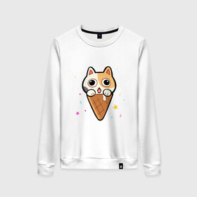 Женский свитшот хлопок с принтом Ice Cream Cat в городе Новоалтайск, 100% хлопок | прямой крой, круглый вырез, на манжетах и по низу широкая трикотажная резинка  | animal | cat | cute | kitty | meow | друг | животные | киска | китти | кот | котенок | котик | котэ | кошечка | кошка | милый | мороженое | мур | мяу | питомец | тигр