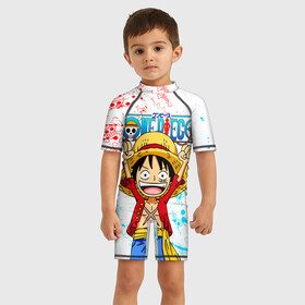 Детский купальный костюм 3D с принтом ONE PIECE   ВАН ПИС   GLITCH в городе Новоалтайск, Полиэстер 85%, Спандекс 15% | застежка на молнии на спине | anime | glitch | one piece | skull | анаглиф. | аниме | ван пис | глитч | манга | мультфильм | скелет | череп | японская анимация