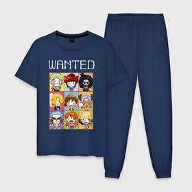 Мужская пижама хлопок с принтом ONE PIECE WANTED / ВАН ПИС в городе Новоалтайск, 100% хлопок | брюки и футболка прямого кроя, без карманов, на брюках мягкая резинка на поясе и по низу штанин
 | anime | one piece | skull | wanted. | аниме | ван пис | манга | мультфильм | розыск | скелет | череп | японская анимация