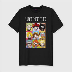 Мужская футболка хлопок Slim с принтом ONE PIECE WANTED / ВАН ПИС в городе Новоалтайск, 92% хлопок, 8% лайкра | приталенный силуэт, круглый вырез ворота, длина до линии бедра, короткий рукав | anime | one piece | skull | wanted. | аниме | ван пис | манга | мультфильм | розыск | скелет | череп | японская анимация