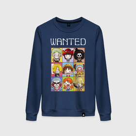 Женский свитшот хлопок с принтом ONE PIECE WANTED / ВАН ПИС в городе Новоалтайск, 100% хлопок | прямой крой, круглый вырез, на манжетах и по низу широкая трикотажная резинка  | anime | one piece | skull | wanted. | аниме | ван пис | манга | мультфильм | розыск | скелет | череп | японская анимация