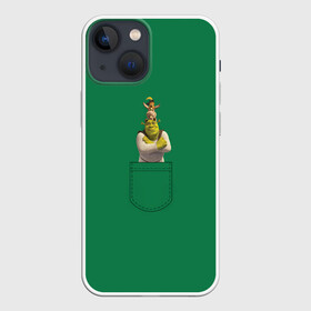Чехол для iPhone 13 mini с принтом Шрек. Трио в кармане в городе Новоалтайск,  |  | Тематика изображения на принте: charming | donkey | fiona | forever | gonna | is | me | once | pinocchio | roll | shrek | somebody | the | told | world | артур | в | гарольд | дракон | кот | лорд | мерлин | навсегда | огр | осел | пиноккио | пряник | сапогах | фаркуад | фиона