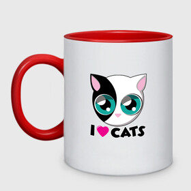 Кружка двухцветная с принтом I Love Cats в городе Новоалтайск, керамика | объем — 330 мл, диаметр — 80 мм. Цветная ручка и кайма сверху, в некоторых цветах — вся внутренняя часть | animal | cat | cute | kitty | love | meow | друг | животные | киска | китти | кот | котенок | котик | котэ | кошечка | кошка | люблю | любовь | милый | мур | мяу | питомец | тигр