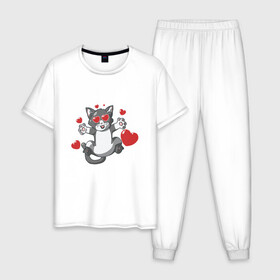 Мужская пижама хлопок с принтом Love Cat в городе Новоалтайск, 100% хлопок | брюки и футболка прямого кроя, без карманов, на брюках мягкая резинка на поясе и по низу штанин
 | animal | cat | cute | kitty | love | meow | друг | животные | киска | китти | кот | котенок | котик | котэ | кошечка | кошка | люблю | любовь | милый | мур | мяу | питомец | сердце | тигр