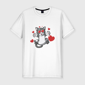 Мужская футболка хлопок Slim с принтом Love Cat в городе Новоалтайск, 92% хлопок, 8% лайкра | приталенный силуэт, круглый вырез ворота, длина до линии бедра, короткий рукав | animal | cat | cute | kitty | love | meow | друг | животные | киска | китти | кот | котенок | котик | котэ | кошечка | кошка | люблю | любовь | милый | мур | мяу | питомец | сердце | тигр