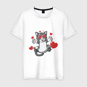 Мужская футболка хлопок с принтом Love Cat в городе Новоалтайск, 100% хлопок | прямой крой, круглый вырез горловины, длина до линии бедер, слегка спущенное плечо. | animal | cat | cute | kitty | love | meow | друг | животные | киска | китти | кот | котенок | котик | котэ | кошечка | кошка | люблю | любовь | милый | мур | мяу | питомец | сердце | тигр