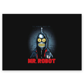 Поздравительная открытка с принтом Bender x mr robot в городе Новоалтайск, 100% бумага | плотность бумаги 280 г/м2, матовая, на обратной стороне линовка и место для марки
 | bender | futurama | mr robot | planet express | бендер | мистер робот | мульт | мультфильм | планетный экспресс | туранга лила | филипп джэй фрай | футурама