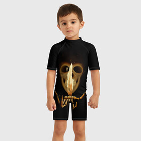 Детский купальный костюм 3D с принтом Скелет в городе Новоалтайск, Полиэстер 85%, Спандекс 15% | застежка на молнии на спине | искры | огонь | рука | скелет | череп