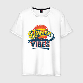 Мужская футболка хлопок с принтом Summer Vibes в городе Новоалтайск, 100% хлопок | прямой крой, круглый вырез горловины, длина до линии бедер, слегка спущенное плечо. | beach | palm | sea | summer | vibes | вайб | волны | жара | летние | лето | море | пальмы | пляж