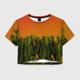 Женская футболка Crop-top 3D с принтом Кактусы на закате в городе Новоалтайск, 100% полиэстер | круглая горловина, длина футболки до линии талии, рукава с отворотами | восход | закат | кактусы | пейзаж | пустыня | растения