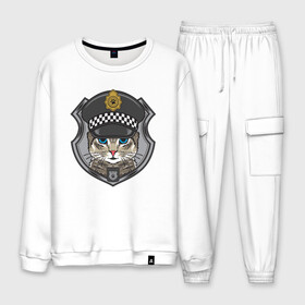 Мужской костюм хлопок с принтом CAT POLICE КОШАЧЬЯ ПОЛИЦИЯ (Z) в городе Новоалтайск, 100% хлопок | на свитшоте круглая горловина, мягкая резинка по низу. Брюки заужены к низу, на них два вида карманов: два “обычных” по бокам и два объемных, с клапанами, расположенные ниже линии бедра. Брюки с мягкой трикотажной резинкой на поясе и по низу штанин. В поясе для дополнительного комфорта — широкие завязки | Тематика изображения на принте: 102 | 112 | cat | cats | constabulary | cop | law | meow | police | policeman | жандарм | интерпол | коп | копы | кот | котик | котики | коты | кошка | кошки | красивая кошка | мент | мяу