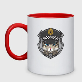 Кружка двухцветная с принтом CAT POLICE КОШАЧЬЯ ПОЛИЦИЯ (Z) в городе Новоалтайск, керамика | объем — 330 мл, диаметр — 80 мм. Цветная ручка и кайма сверху, в некоторых цветах — вся внутренняя часть | 102 | 112 | cat | cats | constabulary | cop | law | meow | police | policeman | жандарм | интерпол | коп | копы | кот | котик | котики | коты | кошка | кошки | красивая кошка | мент | мяу