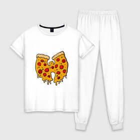 Женская пижама хлопок с принтом Wu-Tang Pizza в городе Новоалтайск, 100% хлопок | брюки и футболка прямого кроя, без карманов, на брюках мягкая резинка на поясе и по низу штанин | black | hiphop | method man | music | new york | nyc | odb | old school | pizza | rap | rza | wu tang clan | wutang | ву тэнг | граффити | микрофон | музыка | нью йорк | пицца | рэп | рэпер | хипхоп