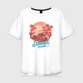 Мужская футболка хлопок Oversize с принтом Summer paradise / Летний рай в городе Новоалтайск, 100% хлопок | свободный крой, круглый ворот, “спинка” длиннее передней части | beach | palm | sea | summer | волны | жара | летние | лето | море | пальмы | пляж | фламинго