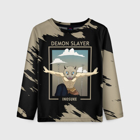 Детский лонгслив 3D с принтом DEMON SLAYER INOSUKE в городе Новоалтайск, 100% полиэстер | длинные рукава, круглый вырез горловины, полуприлегающий силуэт
 | demon slayer | kamado | kimetsu no yaiba | nezuko | tanjiro | аниме | гию томиока | зеницу агацума | иноске хашибира | камадо | клинок | корзинная девочка | манга | музан кибуцуджи | незуко | рассекающий демонов | танджиро