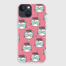 Чехол для iPhone 13 mini с принтом Котики с цвточками в городе Новоалтайск,  |  | cat | cats | kitten | глаза | глазки | девочкам | кот | котёнок | котик | котики | котэ | котята | кошак | кошка | кошки | красивая | милая | прикольная | светлая | темная | черная